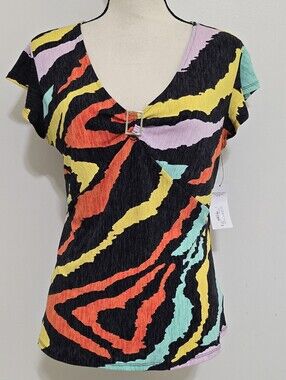 new BOLD ELEMENTS size Large Colorful Zebra Print Short Sleeve V Neck Slinky Top